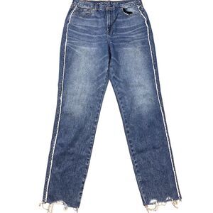 American Eagle Womens Mom Jeans Size 10 X Long High Rise Frayed Side Seam Blue